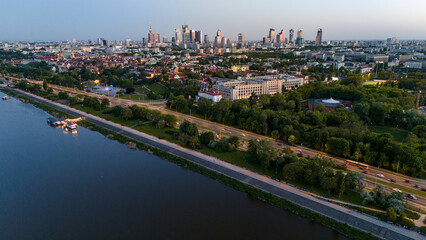 Obraz premium Bird's eye view of the city of Warsaw in Poland in the spring evening
