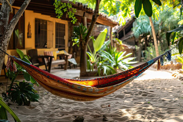 Hammock hanging from a tree in a rural beach setting, outdoors.