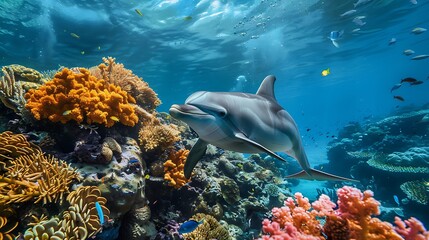 Dolphin underwater on reef gazes at you