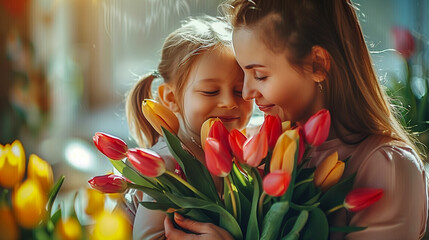 Little daughter hugging her mother and gives her a bouquet of flowers tulips at home. Happy Mother's day concept. 