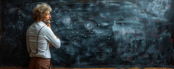 Person pondering cosmic chalkboard drawing