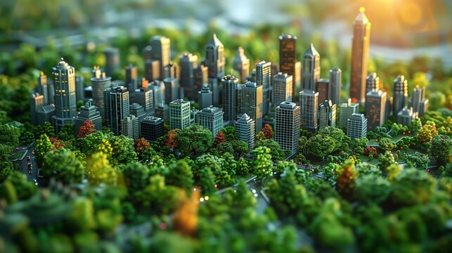 An intricately detailed tilt-shift photograph of Seattle, capturing its urban landscape with hyper-realistic precision, inviting viewers into a miniature world of bustling city life