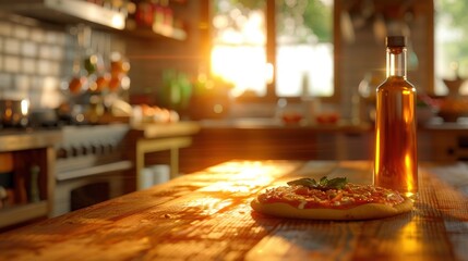 Obraz premium A pizza and a bottle of oil are on a wooden counter in a kitchen. The scene is backlit by a warm glow.
