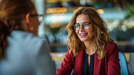 Middle aged professional business woman executive HR manager having job interview or business discussion in corporate office meeting.