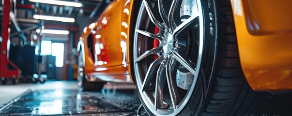 A close up of the car equipment and vehicle wheel , very nice new wheel alignment.