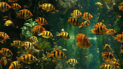   A group of yellow and black fish swim in a large aquarium filled with tropical plants - Powered by Adobe