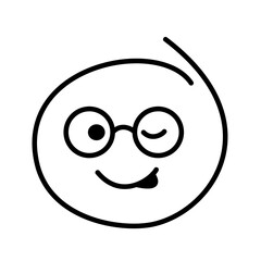 Black and white drawn winking emoticon smile bespectacled with round glasses and tongue sticking out on the side. Licks himself.