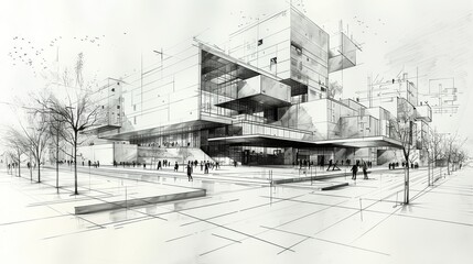 Fototapeta premium Futuristic museum with geometric structures in an urban setting, surrounded by trees and pedestrians - an artistic architectural rendering