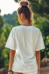 Fototapeta premium Young woman in a white shirt enjoying a tranquil moment amidst lush greenery in a peaceful setting, seen from behind