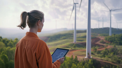 Close-up: Against the backdrop of a vast wind farm stretching to the horizon, the energy analyst stands with her tablet, which showcases detailed graphs and diagrams depicting the