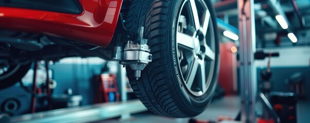 A close up of the car equipment and vehicle wheel , very nice new wheel alignment.