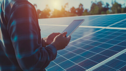 Close-up: Analyst with tablet, solar panels in background, analyzing data.
