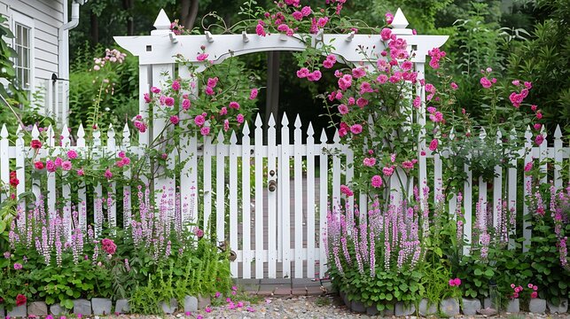 Elegant white garden fence and gate with pink roses salvia catmint lady mantle flowers and bushes
