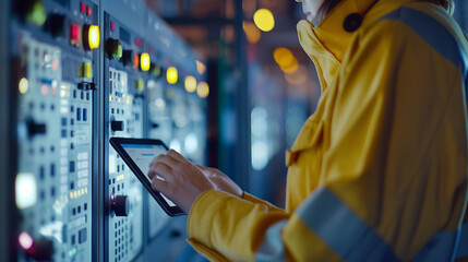Close-up: Energy analyst reviewing hydro station data on tablet.