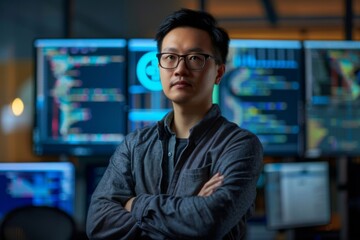 Fototapeta premium Portrait of a focused male analyst with arms crossed, standing in a high-tech control room filled with computer monitors displaying data charts and graphs during the evening
