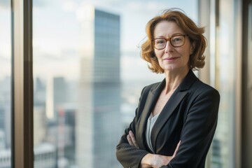 Professional and confident mature businesswoman with glasses stands by a window overlooking the city skyline, exuding experience and leadership with a slight smile