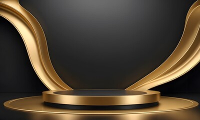 Gold black podium background 3D golden product line stage dark platform wave display