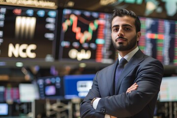 Fototapeta premium Professional businessman stands confidently in a stock exchange environment with market data displays in the background, symbolizing expertise, finance, and corporate success