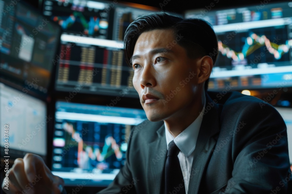 Poster professional financial analyst with a serious expression is closely monitoring data on multiple comp
