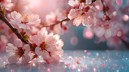 Cherry tree flowers beautiful background. Sakura blossoming season in Japan. magic and romantic mock up with copy space for summer festive cards. 