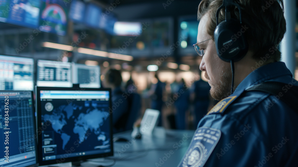 Poster close-up: officer with computer, airport terminal in background, processing data.