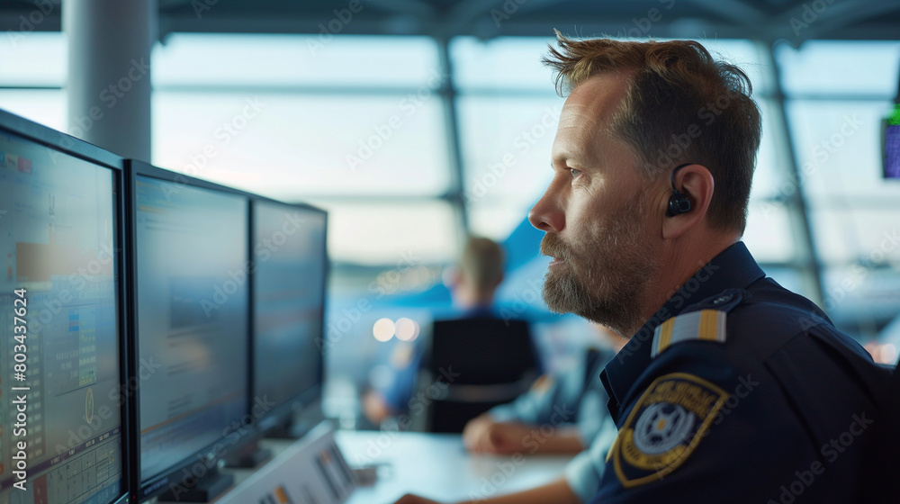 Poster close-up: officer with computer, airport terminal in background, processing data.