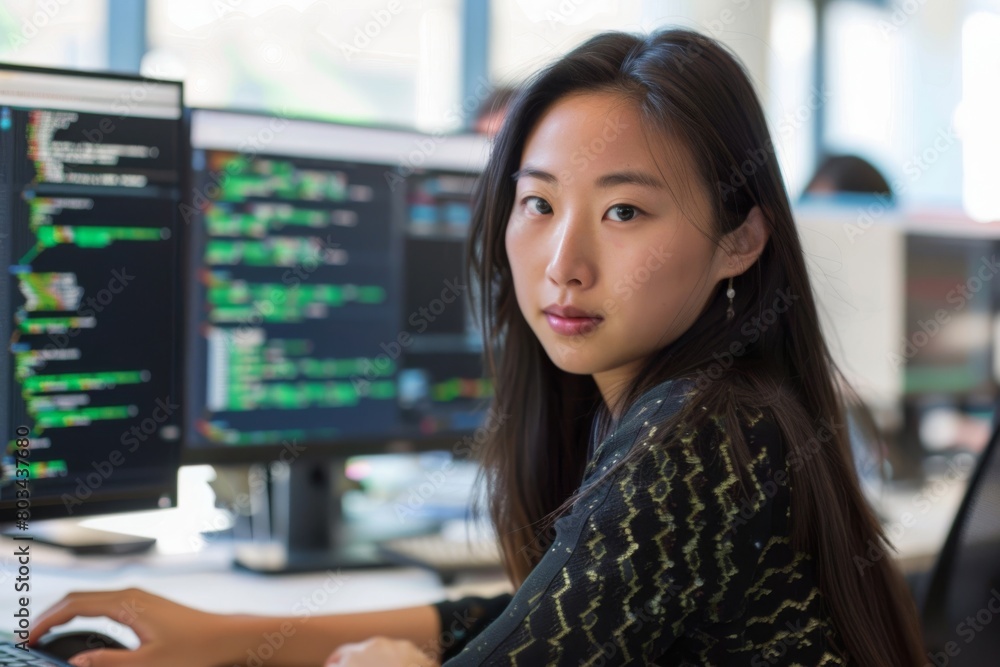 Poster focused young woman works at her desk with multiple computer screens displaying code in a well-lit. 