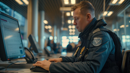 Close-up: Officer checks passenger metrics on computer at passport control.