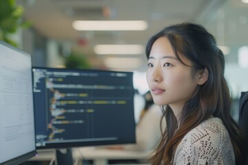 Thoughtful young asian professional woman gazes away from her computer screen in a well-lit contemporary office environment, indicating deep thought or a short break from her workflow