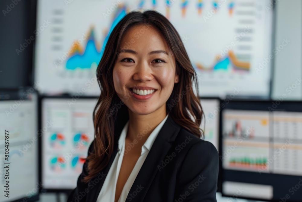 Poster professional young businesswoman smiles in front of multiple computer screens displaying colorful da