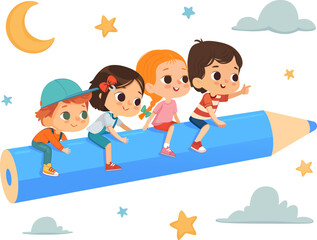 Children Fly While Sitting Astride a Blue Pencil. Clouds And Stars in the Background. Imagination And Cognition Concept.