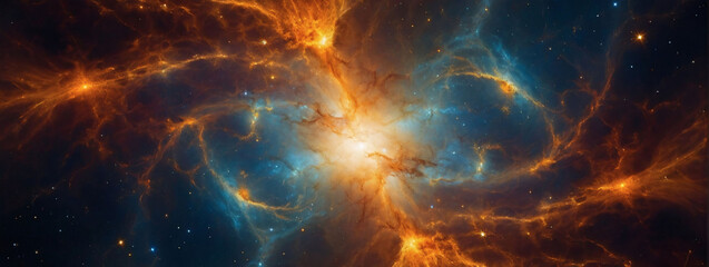 Glowing amber space cosmic background of supernova nebula and stars, radiating warmth across the cosmic horizon.