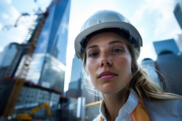 Close-up portrait of a determined young female engineer wearing a safety helmet against a backdrop of skyscrapers and construction cranes, symbolizing women's empowerment in the industry