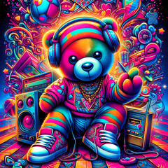 Digital art vibrant colorful cool psychedelic hiphop teddy bear