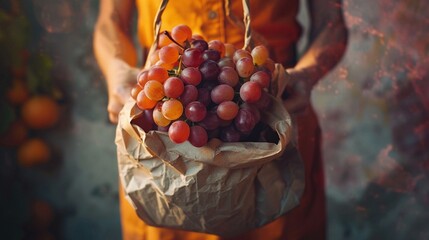   A close-up photo of someone clutching a paper bag filled with grapes dangling from its top