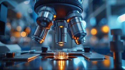Close-up of a modern laboratory microscope focusing on a specimen with glowing orange illumination in a dark lab environment