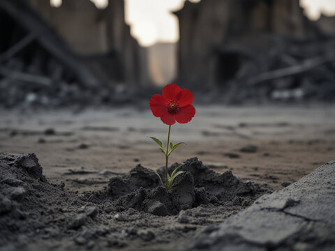 a lone beautiful red flower growing in the middleof ruins of destruction