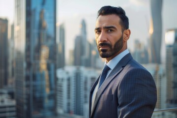 Fototapeta premium Professional businessman in a suit gazes into the distance with a determined expression, standing against the backdrop of a dynamic city skyline during sunset hours