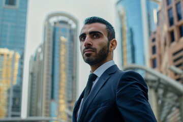 Fototapeta premium Young, professional man in a suit looks determined against the backdrop of towering urban skyscrapers, embodying the ambition and drive of modern business life