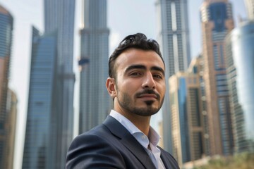 Fototapeta premium Portrait of a well-dressed, confident young man in a sharp suit, standing in front of towering skyscrapers in a bustling city environment, exuding professionalism and modern success