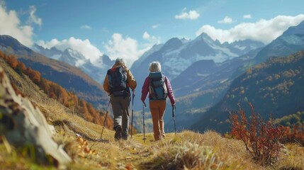 Fototapeta premium Couple hiking in the mountain wilderness during autumn, showcasing their backpacks and trekking poles against a backdrop of vibrant fall foliage and majestic snowy peaks