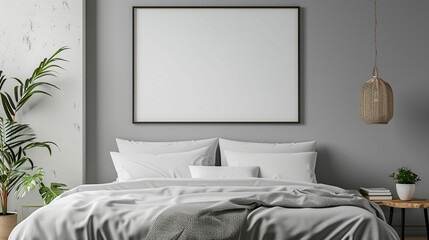 a mockup featuring a poster frame displayed above a bed in a Scandinavian-style bedroom