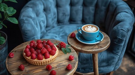   A coffee cup rests atop a wooden table, adjacent to a table laden with raspberries