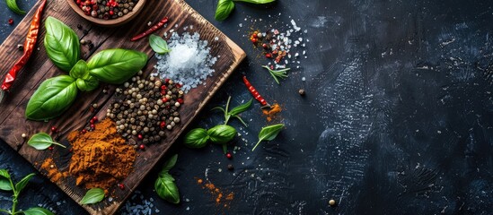 Spices and herbs displayed on a wooden board, including pepper, salt, paprika, basil, and turmeric, set against a black wooden chalkboard in a top-down view with available blank space.