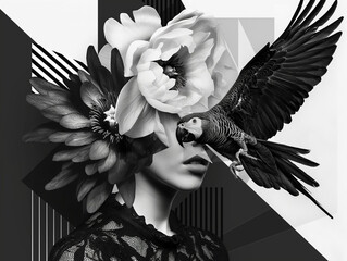 Contemporary Art Collage Featuring Parrot and Monochrome Flowers