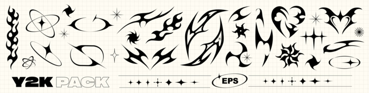 Big y2k set in Futuristic style. Vector illustration. Geometric icon and shapes in cyberpunk vibe for Posters Template, social media, flyers, media, graphic design, sticker. Black and white tattoo. 