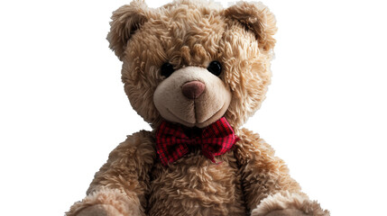 A brown teddy bear with a red bow tie on a transparent background. PNG format, This PNG file, with an isolated cutout object on a transparent background. 