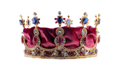 A crown with sapphire and red velvet on white background,png