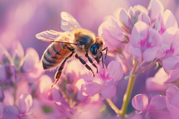 A bee collects pollen on a lilac flower, close-up, copy space