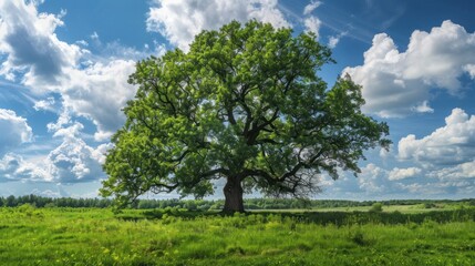 Obraz premium Lonely green oak tree in forest meadow